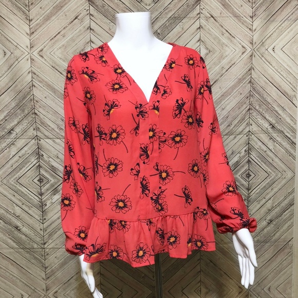 Gap Pink Long Sleeve V Neck Poppy Flower Print Peplum Pullover Blouse Women's S - Picture 1 of 5